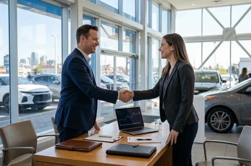 DriveWise lending specialist reviewing a car loan application with a client in a bright modern office